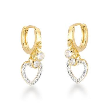 Imagem de Brinco Argola com Ponto de Luz e Pingente Coração Banhados a Ouro 18k 