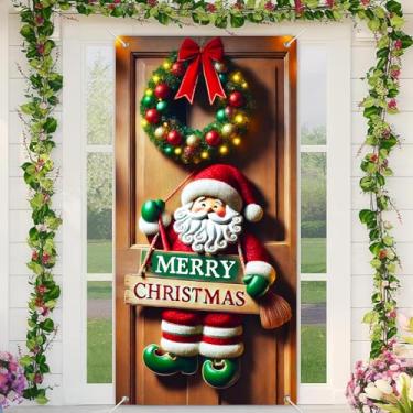 Imagem de BlissYard Capa de porta de Feliz Natal, placa de Papai Noel, banner de porta de Natal, cenário de decoração de Natal, grinalda festiva de 88 x 188 cm - enfeite emparelhado decoração de varanda de