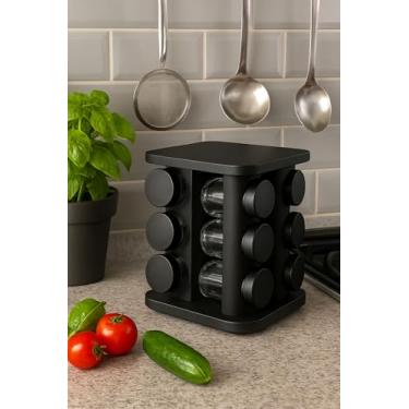 Imagem de Porta Temperos Giratório com 12 Potes de Vidro, Base Preta, Organizador de Condimentos para Cozinha