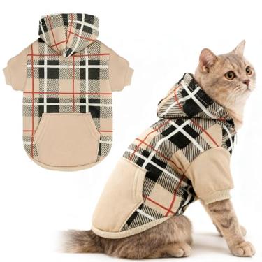 Imagem de EXPAWLORER Moletom com capuz xadrez para gatos - suéter quente estilo britânico com orifício para trela, roupas para animais de estimação, casaco de inverno para filhotes, gatos, meninas, meninos