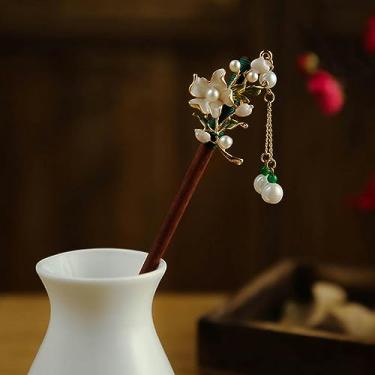 Imagem de Grampos de cabelo de flores palitos de cabelo vintage de madeira chinesa pinos para mulheres ornamentos de cabelo acessórios de joias