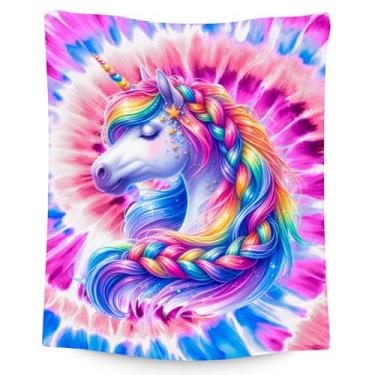 Imagem de Cobertor para meninas, cobertor de unicórnio para meninas pequenas, 101,6 cm x 127 cm Tie Dye Rainbow Throw, mantas infantis de flanela felpuda para amantes de unicórnios
