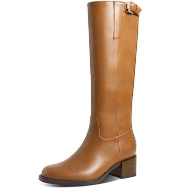 Imagem de ITOZER Botas de cano alto femininas salto grosso bico redondo com zíper duplo lateral botas altas para mulheres salto bloco longo couro sintético botas para festa vestido trabalho, Marrom, 37