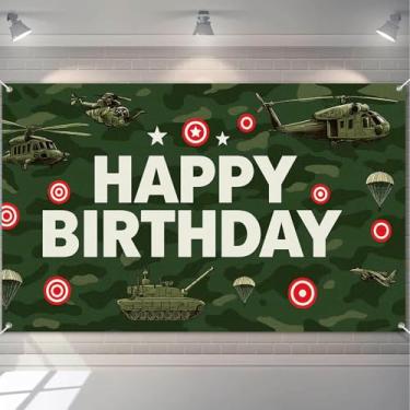 Imagem de HOMETITUTE Banner militar feliz aniversário camuflagem design com helicópteros tanques paraquedistas alvos vermelhos estrelas exército decorações banner para homens e meninos festival interno e