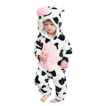 Imagem de AGQT Fantasia infantil de vacas de Natal para bebês Halloween animal inverno outono flanela roupa com capuz macacão peça única macacão cosplay tamanho 0-6 meses