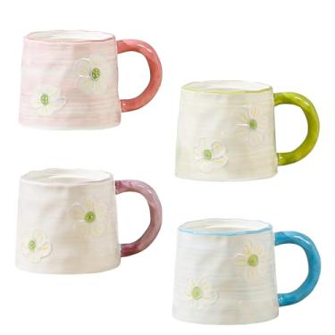 Imagem de LGQ Conjunto de canecas de café florais fofas de 118 a 340 g de cerâmica em relevo com alças de pétalas, podem ser lavadas na lava-louças e no micro-ondas
