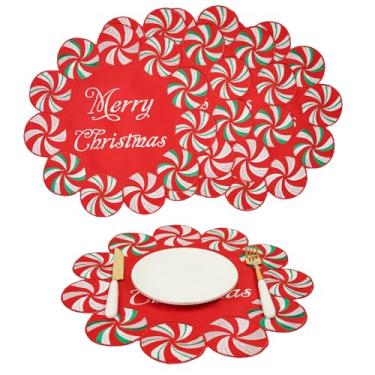 Imagem de Conjunto de 4 jogos americanos para decoração de Natal de bengala doce de hortelã-pimenta, tapetes de mesa sazonais para festa em casa, cozinha, decoração de jantar, 38 x 38 cm
