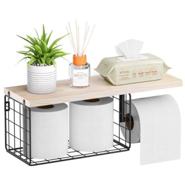 Imagem de VITVITI Suporte de papel higiênico com prateleira, cesta de armazenamento de papel higiênico montado na parede, rolo higiênico de metal de madeira e suporte de lenços para banheiro e fazenda (natural)