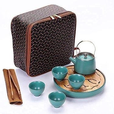 Imagem de Conjunto de chá de chaleira de cerâmica um conjunto de chá de quatro xícaras de viagem Ding Kiln conjunto de chá de cerâmica conveniente esmalte fosco bandeja de chá 200 ml seis conjuntos (Dd)