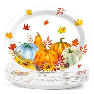 Imagem de Qyeahkj 50 peças de pratos ovais de papel de ação de graças para o outono de Ação de Graças, pratos de jantar descartáveis, decorações de festa de outono, grande, 28 cm, folhas de bordo, suprimentos