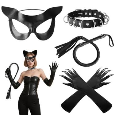 Imagem de Tirdkid Fantasia feminina de gato – máscara preta, luvas falsas, conjunto de colar e chicote acessórios perfeitos de Halloween para mulheres, Preto, M
