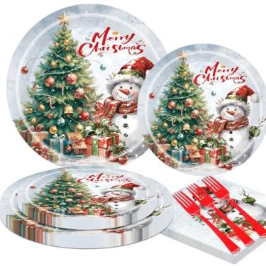 Imagem de Conjunto de pratos de Natal descartáveis para festas, pratos de papel e guardanapos, suprimentos de festa, serve 25
