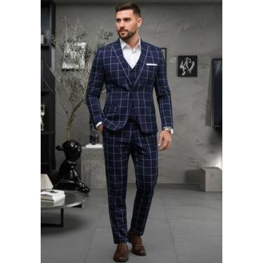 Imagem de Jordhan Alta Costura Poliviscose Xadrez Azul  Terno Masculino Alfaiata