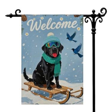 Imagem de Welcome Winter Black Labrador Dog Garden Flag For Outside Winter Skiing Pet Bluebirds Yard Decorative Flag Double Sided Seasonal Farmhouse Christmas Holiday Outdoor Decoration 30 x 45 cm (A615)
