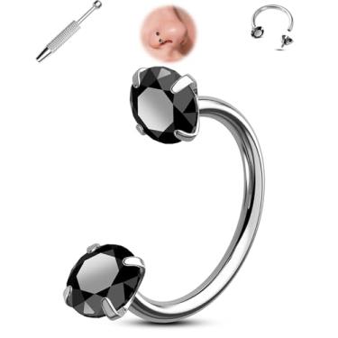 Imagem de Jewseen Anel de nariz de ferradura de titânio 20G 316L aço cirúrgico duplo zircônia cúbica anel de nariz para mulheres 8 mm roscado internamente ferradura lábio piercing septo joias para mulheres
