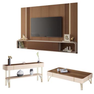 Imagem de Conjunto Home Com led Aparador E Mesa De Centro Rennes Mdf/mdp Off White/castanho G26 - Gran Belo