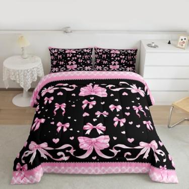 Imagem de Feelyou Conjunto de edredom com laço rosa para todas as estações, princesa, sonhadora, com 1 fronha, laço fofo, microfibra, roupa de cama de solteiro, corações de amor, decoração de quarto, edredom