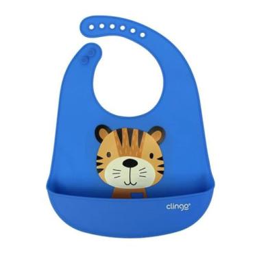 Imagem de Babador de Silicone com Bolso Coletor Tigre, Clingo, Cinza/Azul