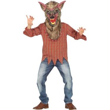 Imagem de Fantasia Halloween Lobo Mau Infantil pra Menino com Máscara Lobisomen Assustadora de Terro com Pelos Realista (Vermelho, G 7-9)