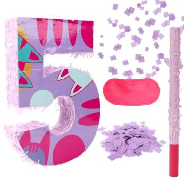 Imagem de Conjunto Pinhatas com Número Gato, Pinhata Aniversário com Tema Bastão Bater Tapa Olho Pedaços Papel Decorações Festa de Aniversário Fáceis de Pendurar para Meninos Meninas (Número 5)