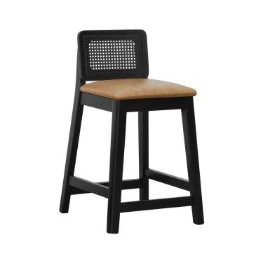 Imagem de Banqueta Média Gabi Madeira Maciça Telinha - Preto Assento Estofado Corano Marrom Mescla