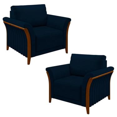 Imagem de Kit 2 Poltronas Decorativas Sala De Estar 102cm Pés Madeira Roya M22 Veludo Azul Marinho - Mpozenato