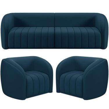 Imagem de Kit Sofá 4 Lugares Para Sala 292cm Com 02 Poltronas Lazio M03 Veludo Azul - Lyam Decor