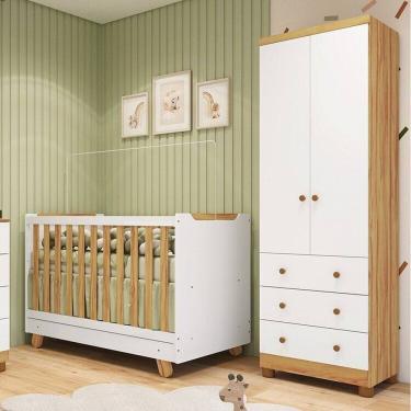 Imagem de Quarto de Bebê com Guarda-roupa 2 Portas e Berço 4 em 1 Minicama 100% Mdf Mike Espresso Móveis Branco Brilho/Amêndoa