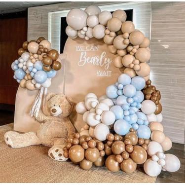 Imagem de Grinalda de balão nude azul marrom com enchimento duplo azul e pó café pastel kit de balão de festa para ursinho de pelúcia, chá de bebê, menino, revelação de gênero, boho, decoração de festa temática