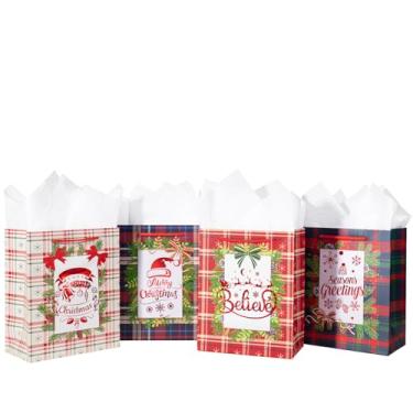 Imagem de Loveinside Conjunto de sacos de presente de Natal, guirlanda de feriado de folha dourada e design xadrez, sacos de tamanho médio com alça, papel de seda para presentes de Natal e lembrancinhas de