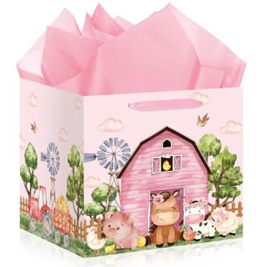 Imagem de Saco de presente extra grande de 30,5 cm para chá de bebê, chá de bebê, para meninas, celeiro rosa, casa de fazenda, com papel de embrulho, cavalo, vaca, porco, ovelha, pato, fazenda, tema para chá de