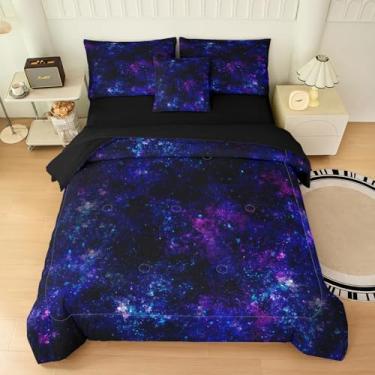 Imagem de Yadangxiawa Jogo de cama com 6 peças, solteiro, para adolescentes, com 1 colcha + 1 lençol de cima + 1 lençol com elástico + 2 fronhas + 1 capa de almofada (solteiro galáxia)