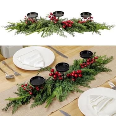 Imagem de Castiçal rústico de Natal de 40 cm, 3 bandejas com ramos de cedro de pinheiro norfolk, frutas vermelhas para mesa de jantar de férias, mesa de centro de mesa, decoração de casamento em casa interna