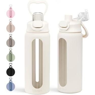 Imagem de SANDJEST Garrafa de água de vidro com manga de silicone 680 g com tampa, marcador de tempo motivacional, garrafas de vidro de hidratação para homens e mulheres, esportes de viagem na academia (creme)