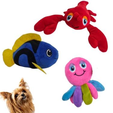 Imagem de kit 03 Brinquedos Pelucia Pet Cachorro Mordedor Formatos Polvo Lagosta Peixe Porte Pequeno Kit Fundo do Mar Alivia Stresse