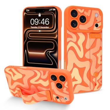 Imagem de Fiyart Capa projetada para iPhone 17 Pro Max com alça de pulso com suporte fofo moderno irregular listrado estrela para mulheres meninas Slim TPU à prova de choque pulseira bumper 17.5 cm - laranja