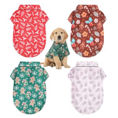 Imagem de Weewooday Pacote com 4 camisetas natalinas para cães, fantasias fofas, floco de neve, doces, gengibre, baga, estampa macia, roupa festiva para cães pequenos, médios e grandes, gatos, roupas de festa