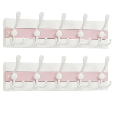 Imagem de SKOLOO Cabide de parede costeiro – Gancho de madeira para entrada de casa de praia de 43 cm com 5 ganchos para pendurar casacos, chapéus ou toalhas, coleção de cabanas à beira-mar, branco e rosa Palm