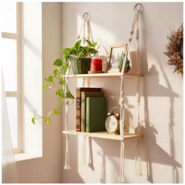 Imagem de Prateleira suspensa de macramê, decoração de parede boho - 2 camadas de corda de algodão feita à mão e prateleiras flutuantes de madeira rústica com pingentes de olho turco, armazenamento boêmio para