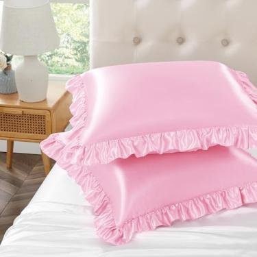 Imagem de Eychei Conjunto de 2 fronhas de travesseiro rosa Euro Ruffle 66 x 66 cm de cetim para cabelo e pele, fronha de seda com fecho de envelope, fronha com babados antirrugas para sofá, cama