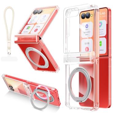 Imagem de Capa para Galaxy Z Flip 7 com proteção de dobradiça e protetor de tela [compatível com MagSafe], capa de telefone transparente antiamarela, à prova de choque para Z Flip 7 com suporte magnético