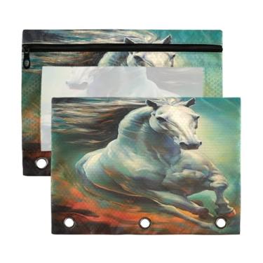 Imagem de Blueangle Bolsa para lápis de pintura galopante de cavalo para fichário com 3 anéis, 2 unidades com bolsa de lápis transparente para janela com zíper para escritório (506)