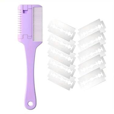 Imagem de Pente para animais de estimação com 10 lâminas de substituição, aparador e tosador 2 em 1 para cães e gatos, material PP, ferramenta de cuidados para animais de estimação para queda e afinamento, roxo