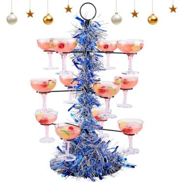 Imagem de LemonRoad Suporte para árvore de coquetel com guirlanda, 3 níveis 12 suportes para taça de vinho 55 cm Torre de champanhe para Martini Margarita Drink Weddings, Natal, aniversário, chá de noiva (azul
