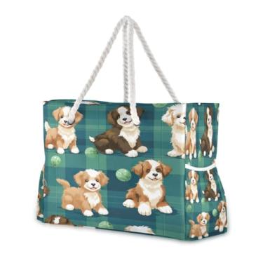Imagem de Wassud Bolsa de praia para cães fofos, grandes bolsas de praia para mulheres, impermeável, à prova de areia, bolsa de viagem com zíper e bolso para piscina, academia, acampamento