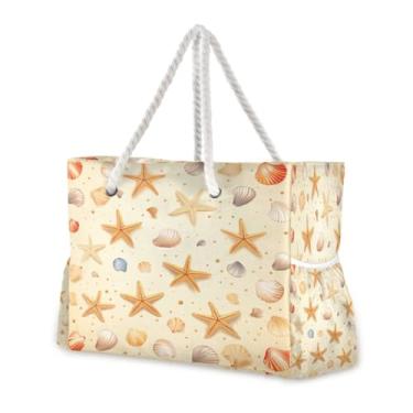 Imagem de Wassud Bolsa de praia grande com conchas e estrelas do mar, para mulheres, impermeável, à prova de areia, bolsa de viagem com zíper e bolso para piscina, academia, acampamento