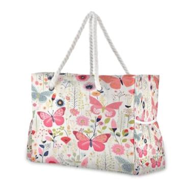 Imagem de Wassud Bolsa de praia fofas borboletas grandes bolsas de praia para mulheres, à prova d'água, à prova de areia, bolsa de viagem com zíper e bolso para piscina, academia, acampamento