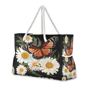 Imagem de Wassud Bolsa de praia grande para mulheres, borboletas marrons e flores, à prova d'água, à prova de areia, bolsa de viagem com zíper e bolso para piscina, academia, acampamento
