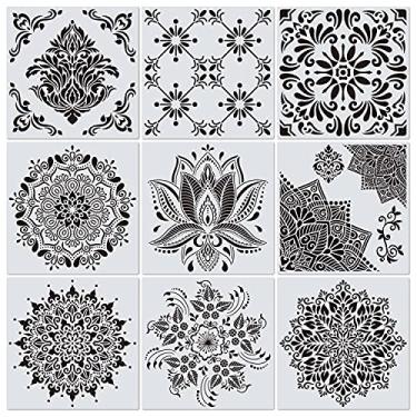 Imagem de Pacote com 9 estêncis grandes de 30,5 cm para DIY Art Dot reutilizáveis de mandala para pintura em madeira, lona, papel, tecido, piso, parede e azulejo