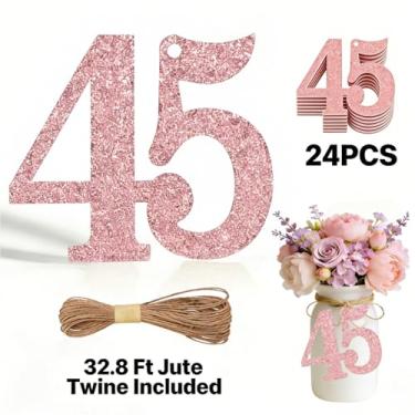 Imagem de ALISSAR 24 peças, ouro rosa, 45 etiquetas numéricas com barbante de juta de 32,8 m – decorações de aniversário de 45 anos, artigos de festa de 45 anos, peças centrais de pote de pedreiro, kit de